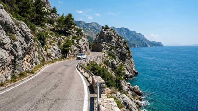 Driving from Dubrovnik to Montenegro scenic coastal road with turquoise Adriatic sea on one side and dramatic cliffs