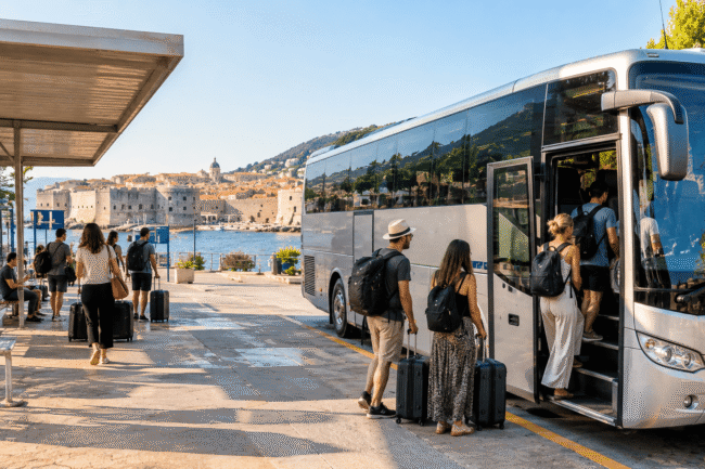 Dubrovnik to Montenegro by bus intercity bus at Dubrovnik bus station ready to depart for Kotor Montenegro