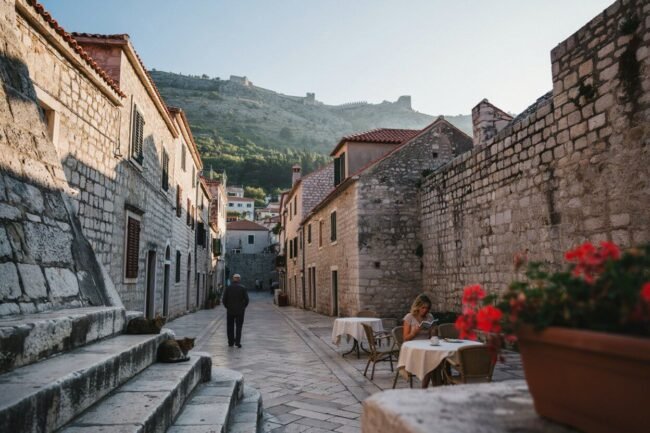 Kotor Old Town with fortress walls above the Bay of Kotor in Montenegro