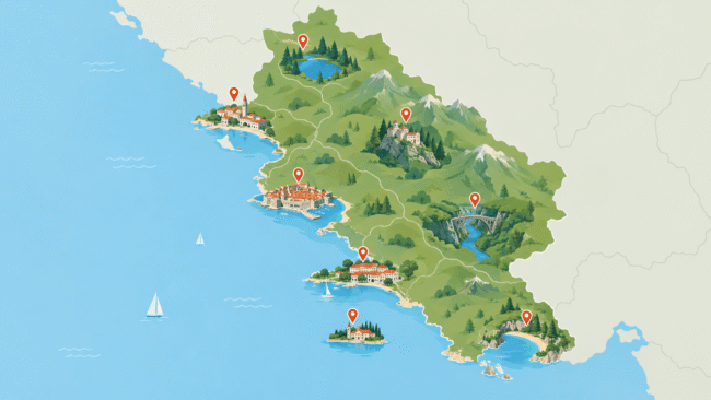  Map of the best areas to stay in Montenegro including Kotor, Budva, Ulcinj and Žabljak