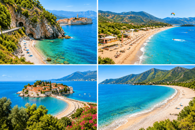 Montenegro beaches with turquoise water, sandy shores, and scenic mountains.