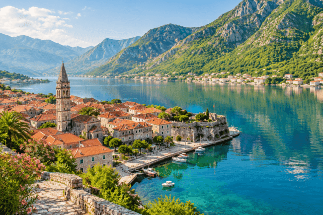 Montenegro in May spring Kotor Old Town with lush green hillsides and the Bay of Kotor in warm morning light 