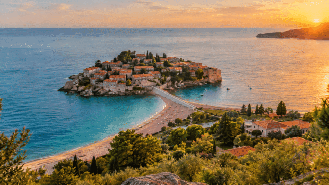 Sveti Stefan islet and pink-sand beach on the Budva Riviera in Montenegro